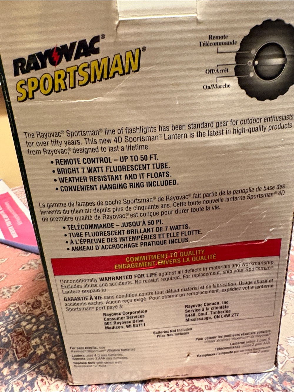 Rayovac Sportsman remote control model SP4D – FB battery hanging ring lantern